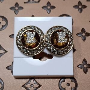 Crystal-Embellished Gold-Tone Stud Earrings with Amber Center